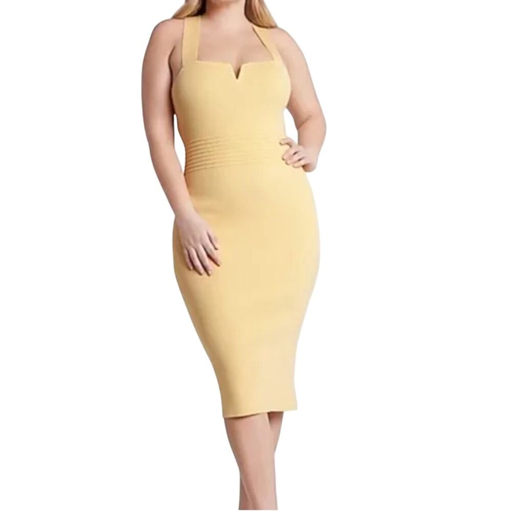 Express Yellow Ribbed Bodycon Midi Dress size XL Criss-cross Straps Knit